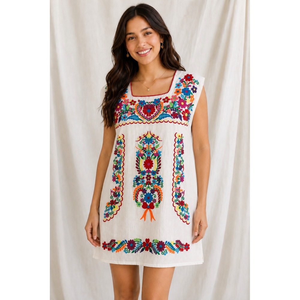 YZXDORWJ White Floral Embroidered Mexican Peasant Mini Dress Sleeveless Small